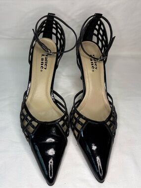 Valley Lane Black Patent Pointed Cage Ankle-Strap Heels